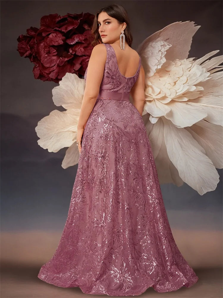 Plus Size Luxury Deep V-Neck Sequins Blue Evening Dress Women Elegant V-back Wedding Party Long Prom Cocktail Dresses