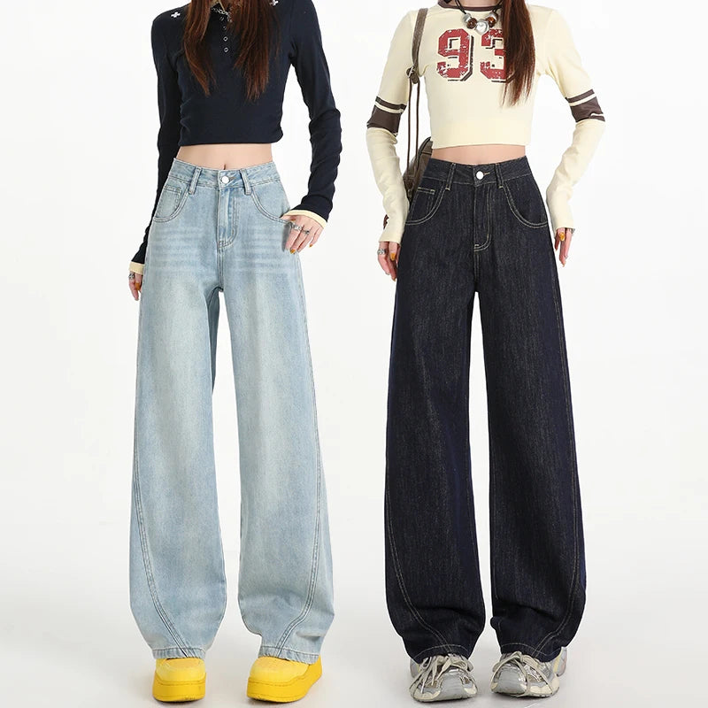 Woman Jeans High Waist Wide Leg Cotton Denim Clothing Design Sense Straight Pant Fashion Comfort White Retro Blue Casual Trouser