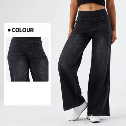 Women Jeans With Pockets Elastic High Waist Solid Color Full Length Pants Straight Wide Leg Trousers Sweatpant Daily Commuting
