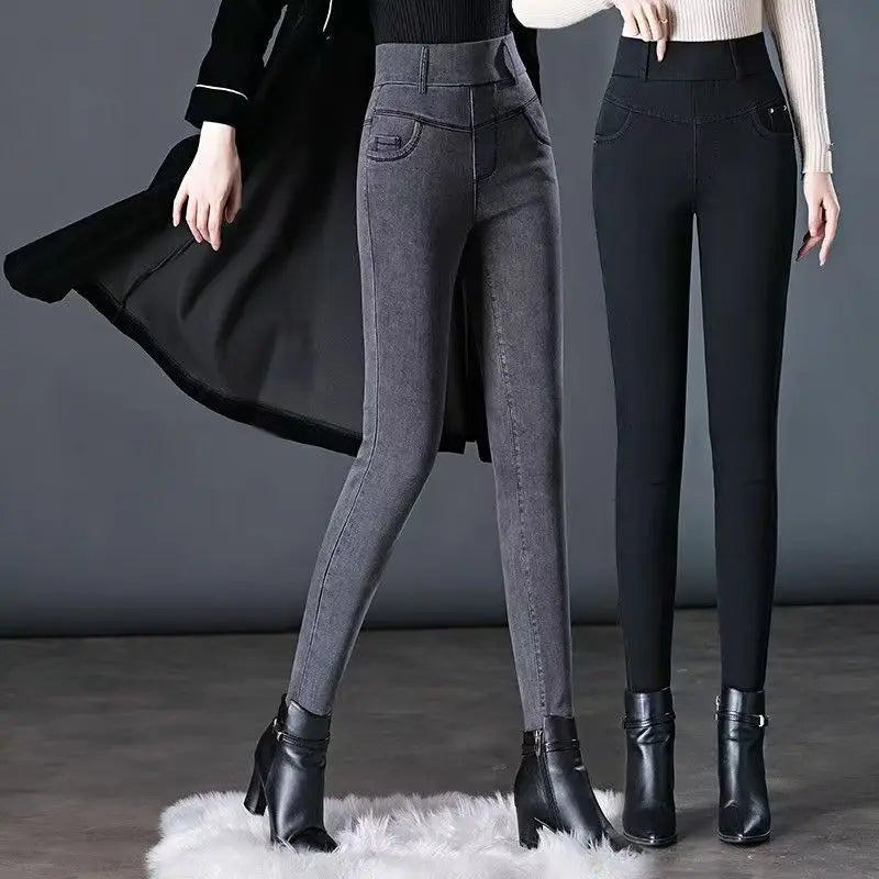 Elastic Waist Jeans Women New Fashion High-waist Stretch Pants Versatile Casual Pencil Solid-color Trousers