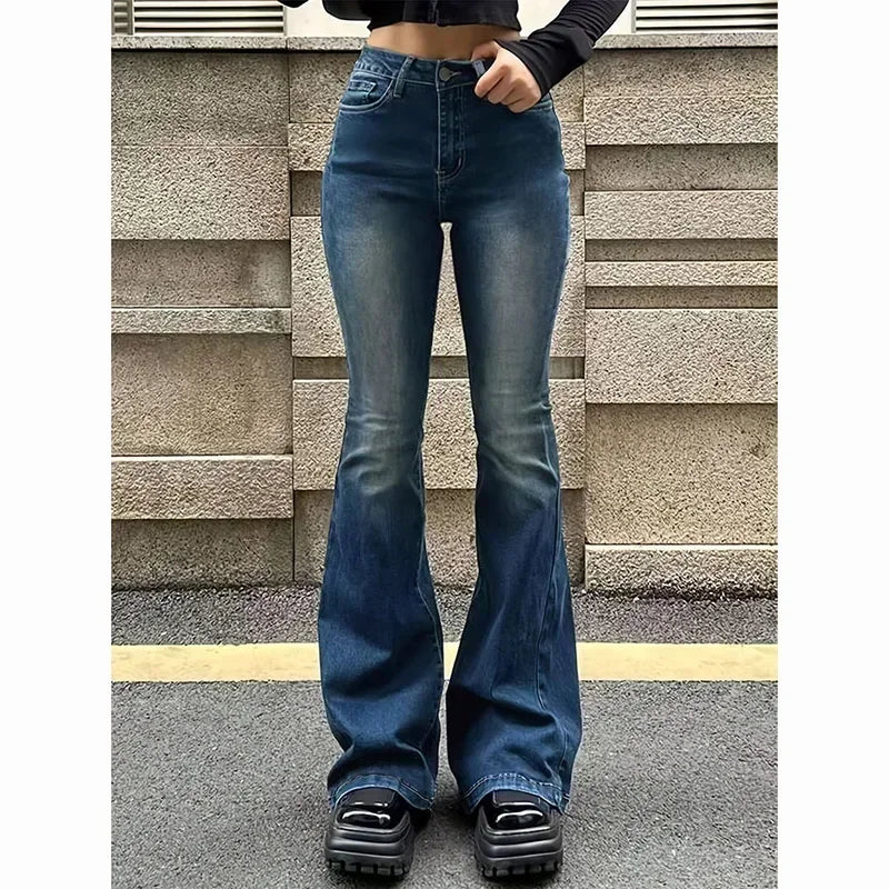 Women High Waist Flare Jeans Lady Fashion Comfortable Bootcut Denim Pants Female Slim Fit Bell Bottoms Retro Blue Nice Trousers