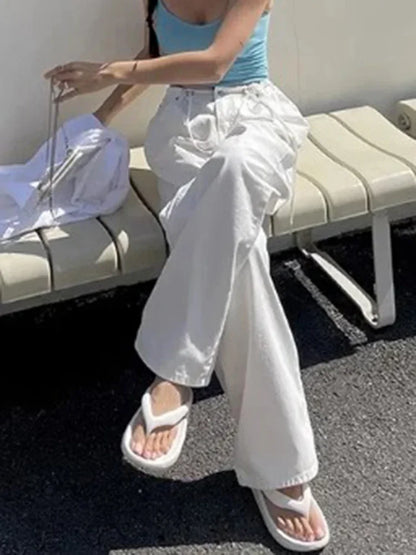 Korean Ins Retro Versatile High Waist Women's Straight Leg Jeans Summer New Fashion Loose Drawstring Design Women Wide Leg Jeans