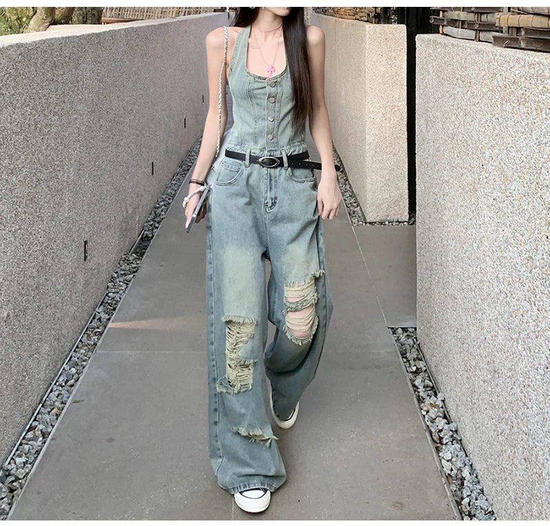 Women's Casual Denim Overalls Vintage Button Down Sexy Backless Holes Hollow Out Ripped Denim Full Pants Female 2024 New Jeans