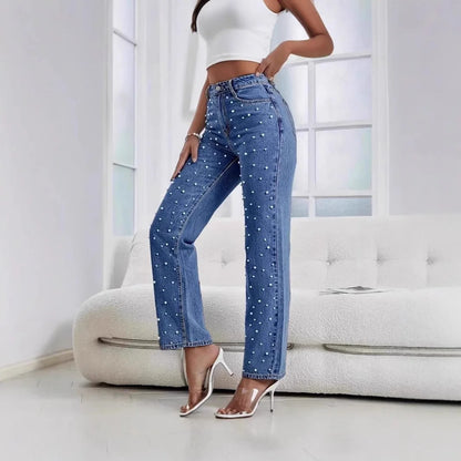 New 2026 Women's Jeans Pants Beading High Waist Casual Straight Pants for Women Streetwear Elegant Splice Denim Female Trousers