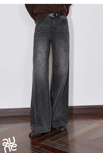 TOYOUTH Women Denim Jeans 2024 Autumn Winter New Mide Waist Straight Wide Leg Long Pants