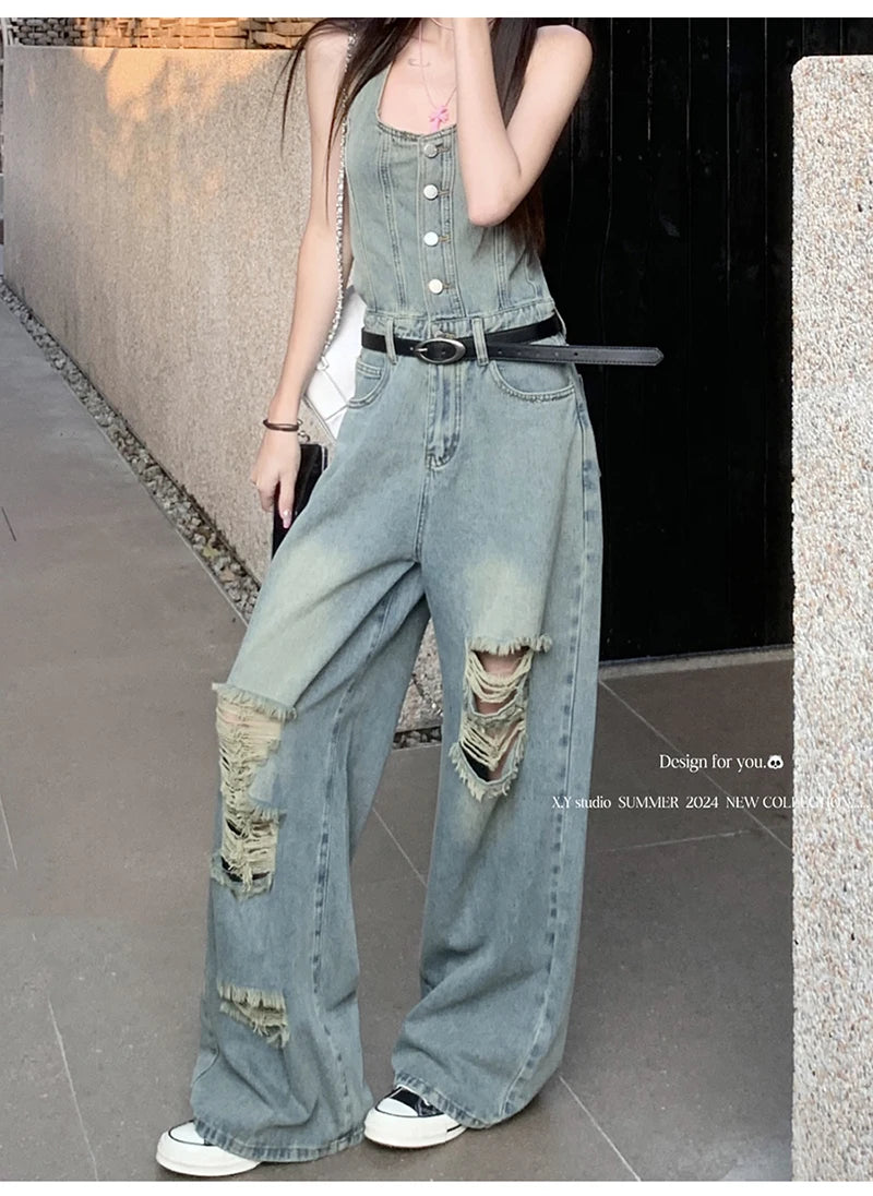 Women's Casual Denim Overalls Vintage Button Down Sexy Backless Holes Hollow Out Ripped Denim Full Pants Female 2024 New Jeans