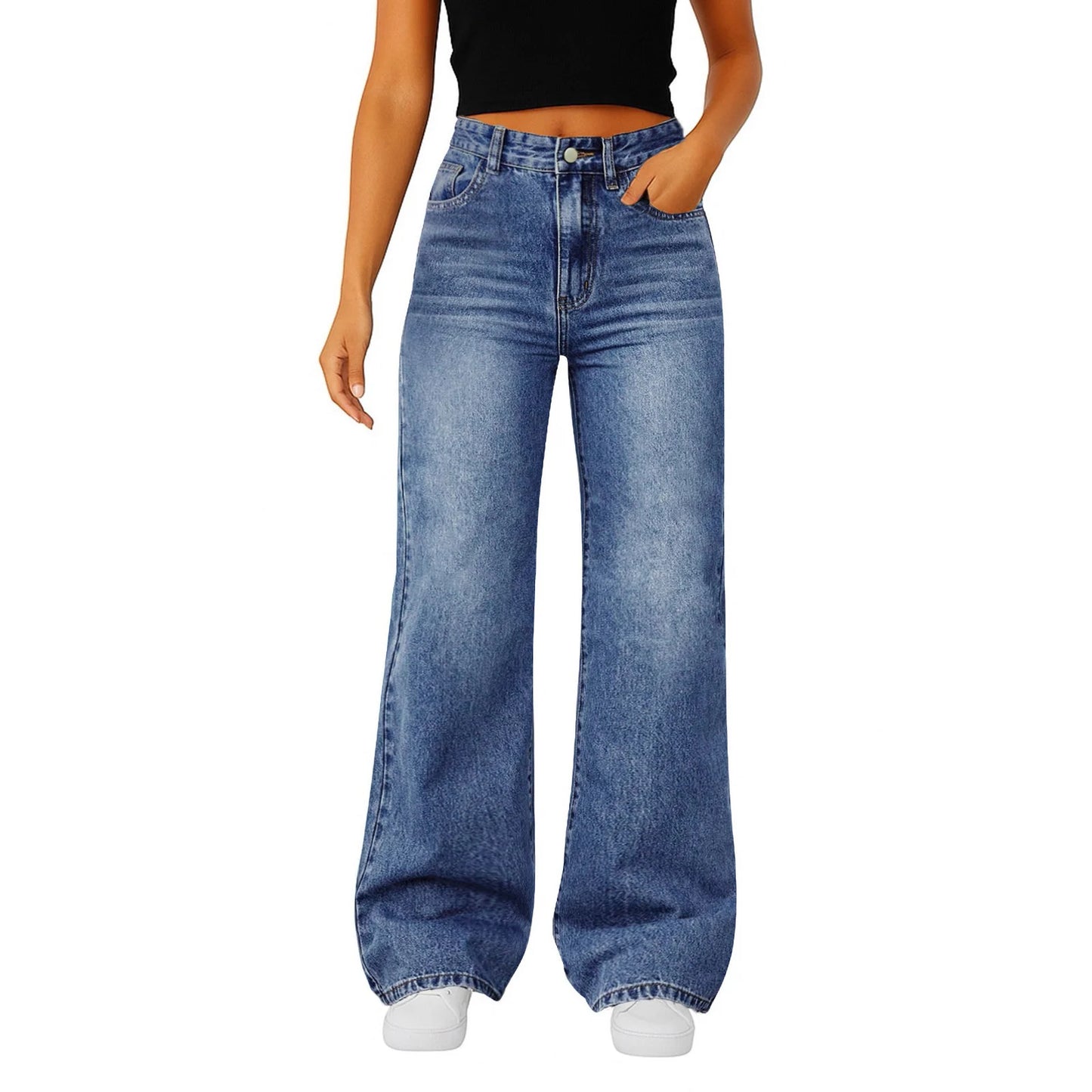 Women Fashion Popular Denim Trousers Minimalist Solid Color Straight Jeans Female Soft Comfortable Daily Office Leisure Pants