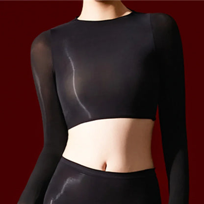 Women's 5D Ultrathin Crop Tops Elastic Shaping Oil Shiny Sheer See Through T-shirts Woman Clothing Summer Shirts Yoga Tops