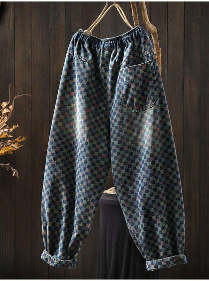 Women Casual Boyfriend Jeans New Arrival 2025 Autumn Vintage Style Plaid Pattern Loose Female Denim Harem Pants M1854