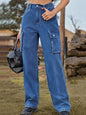 Women's High-Waisted Street Cargo Jeans Baggy Wide-Leg Pants Trendy Fashion Casual Blue Denim Trousers, Suitable for Gatherings,