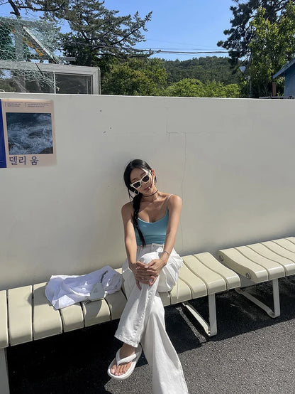 Korean Ins Retro Versatile High Waist Women's Straight Leg Jeans Summer New Fashion Loose Drawstring Design Women Wide Leg Jeans