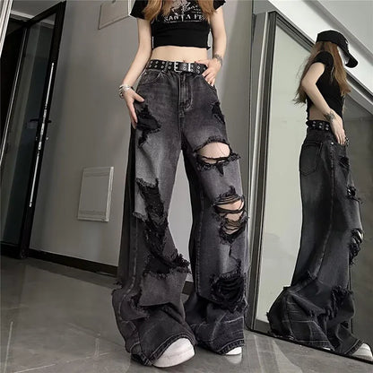 High Street Vintage Black Ripped Jeans Fashion Wide Leg Pants Women'S High Waisted Straight Leg Pants Baggy Pants Y2k Jeans