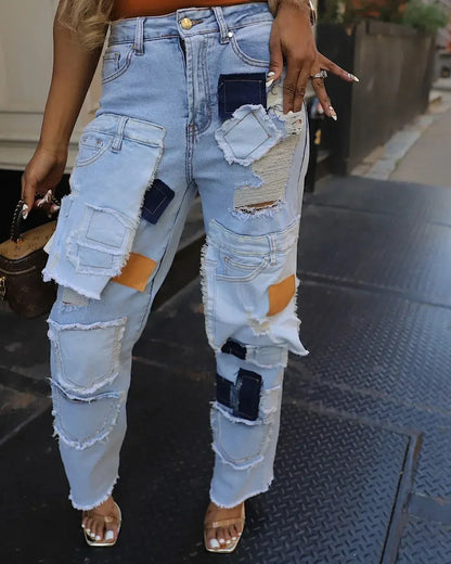 Women Streetwear Cargo Straight Denim Pocket Patchwork Wide Leg Jeans Pants Fall Fashion Ripped Out Party Trousers