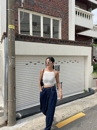 Korean Ins Retro Versatile High Waist Women's Straight Leg Jeans Summer New Fashion Loose Drawstring Design Women Wide Leg Jeans