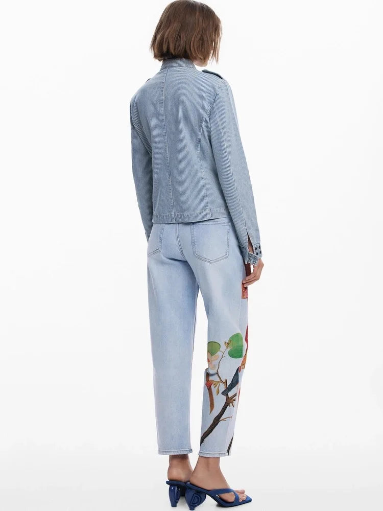 2025 new foreign trade Spain original single women's jeans Bohemian style printed straight leg elastic casual straight leg pants