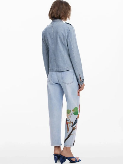 2025 new foreign trade Spain original single women's jeans Bohemian style printed straight leg elastic casual straight leg pants