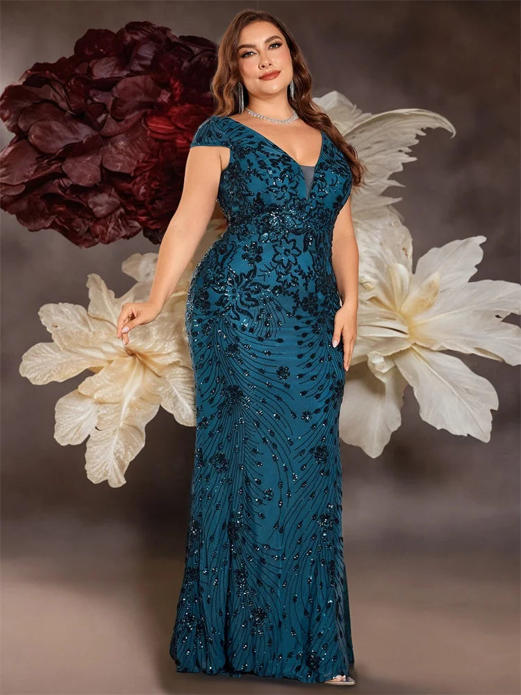 Plus Size Elegant Blue Evening Dress For Women 2024 Luxury Long Mermaid Formal Sequins V-neck Prom Wedding Party Gown