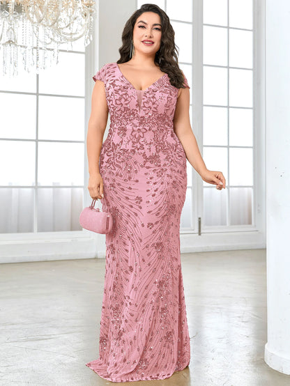 Plus Size Elegant Blue Evening Dress For Women 2024 Luxury Long Mermaid Formal Sequins V-neck Prom Wedding Party Gown