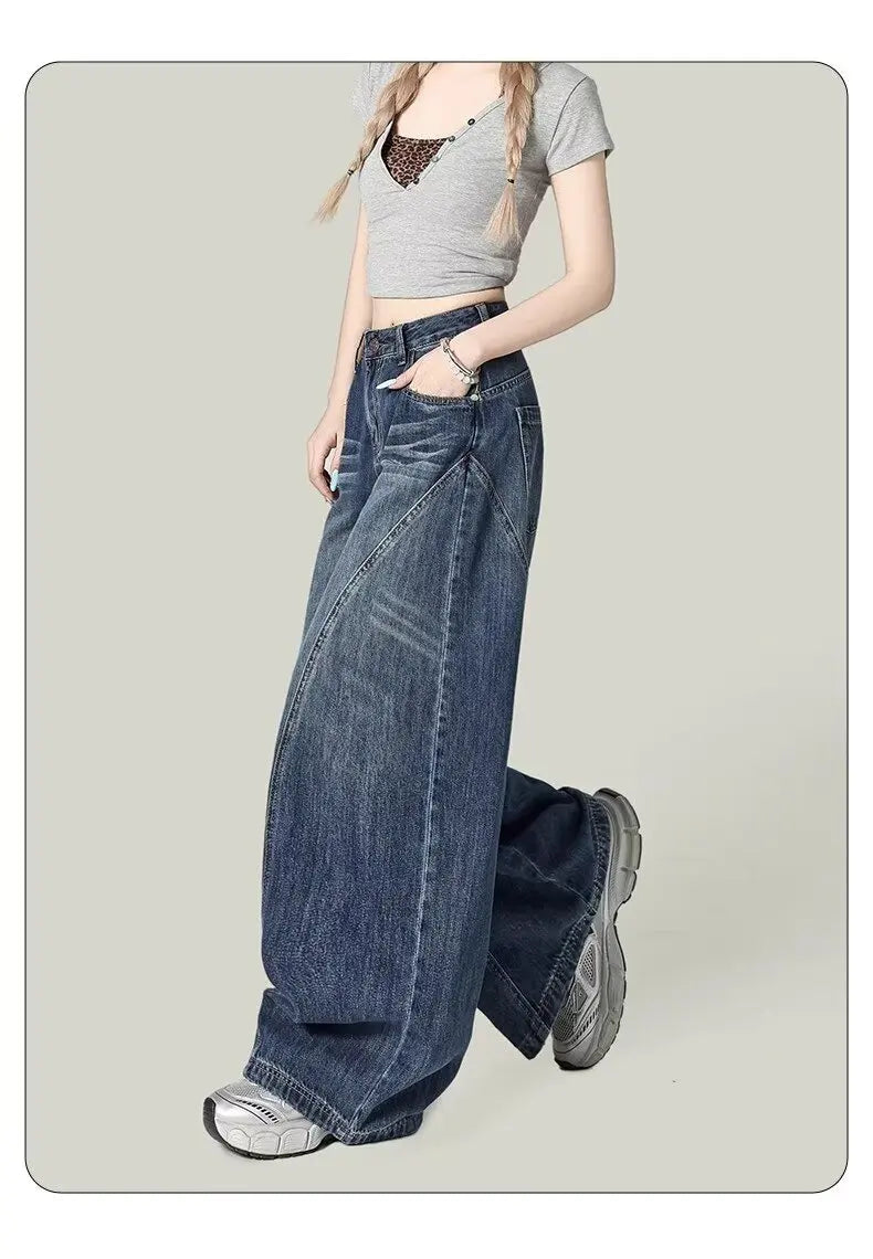 Washed blue textured high waisted retro casual jeans suitable for women in spring and autumn new Harajuku loose wide leg pants