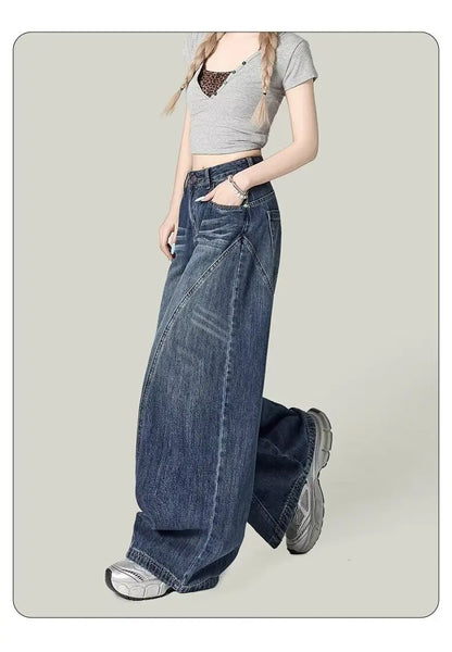 Washed blue textured high waisted retro casual jeans suitable for women in spring and autumn new Harajuku loose wide leg pants