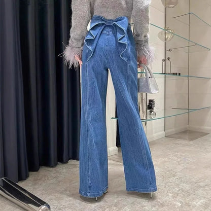 Women's Casual Bowknot Design Jeans Aesthetic Clothes Women Mid Waist Baggy Loose Trousers Fashion Ladies Denim Pants Streetwear