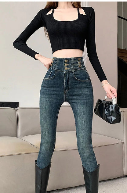 winter warm thick fleece woman's jeans with high waist jeans woman mom jeans women's jeans for women jean femme clothe black