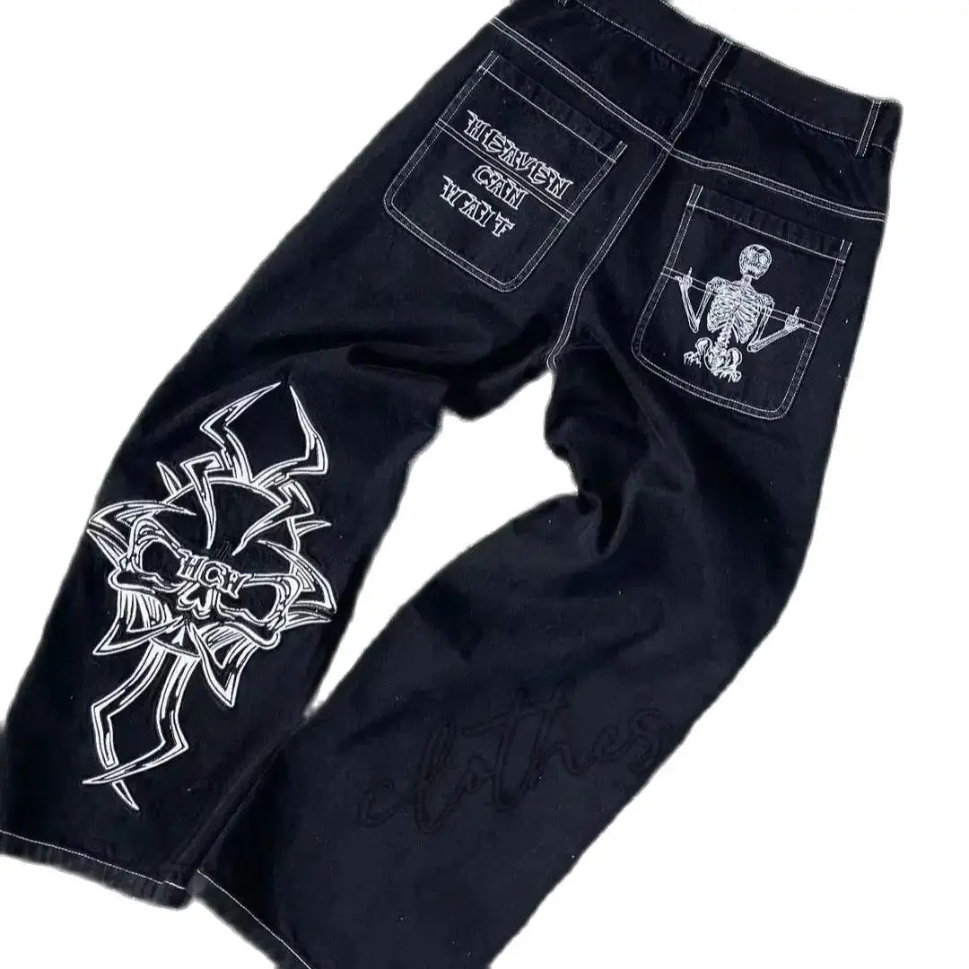 Street Fashion Trend Skull Embroidered Jeans Women Harajuku Y2K New Hip Hop Joker Straight Wide-leg Pants Couple Casual Jeans