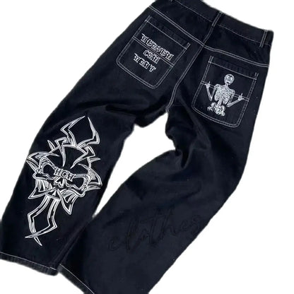 Street Fashion Trend Skull Embroidered Jeans Women Harajuku Y2K New Hip Hop Joker Straight Wide-leg Pants Couple Casual Jeans