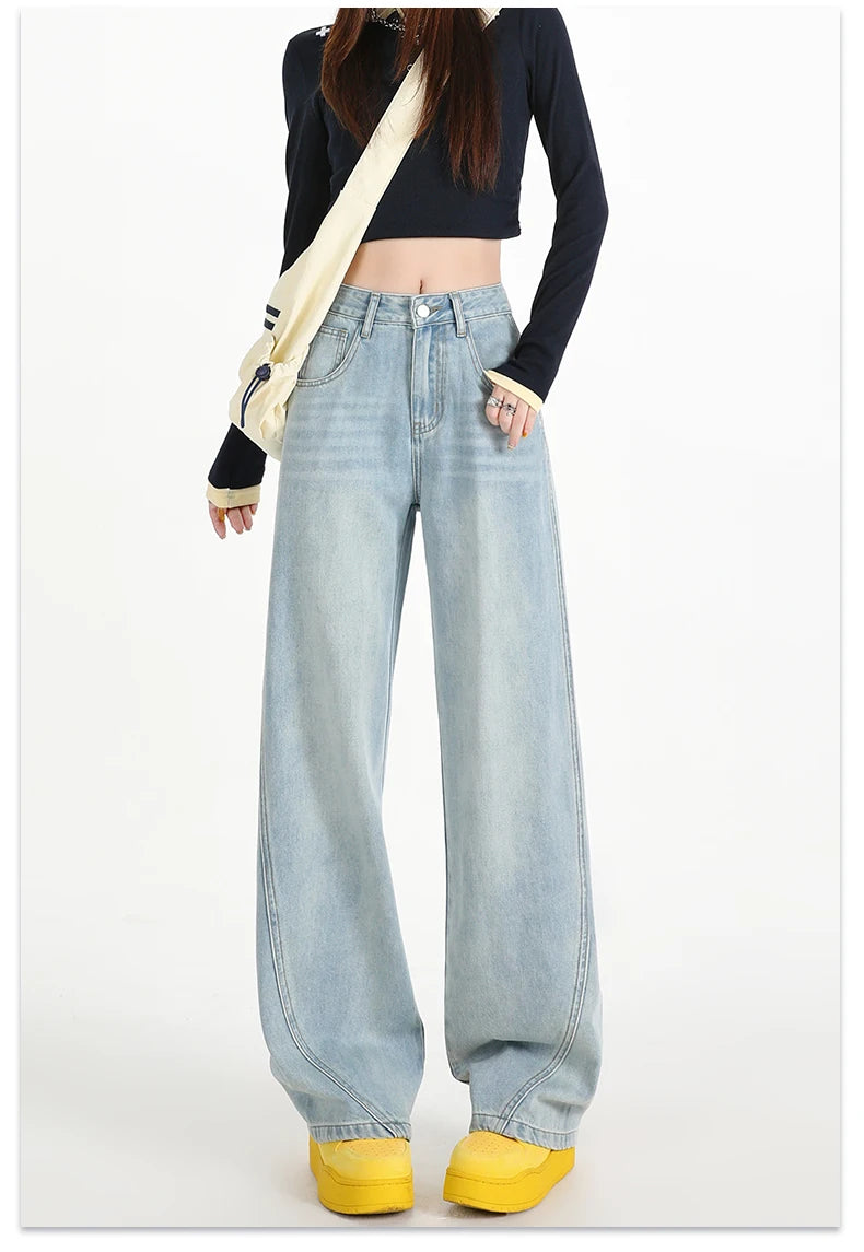 Woman Jeans High Waist Wide Leg Cotton Denim Clothing Design Sense Straight Pant Fashion Comfort White Retro Blue Casual Trouser