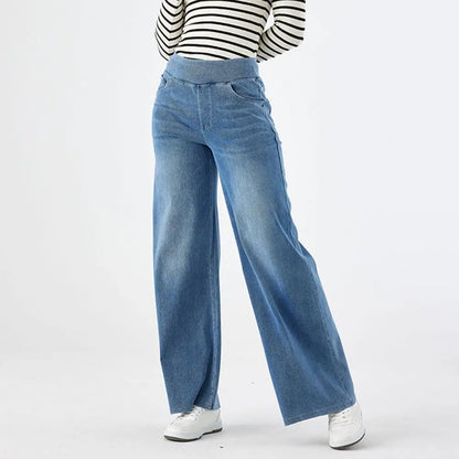 Women Jeans With Pockets Elastic High Waist Solid Color Full Length Pants Straight Wide Leg Trousers Sweatpant Daily Commuting