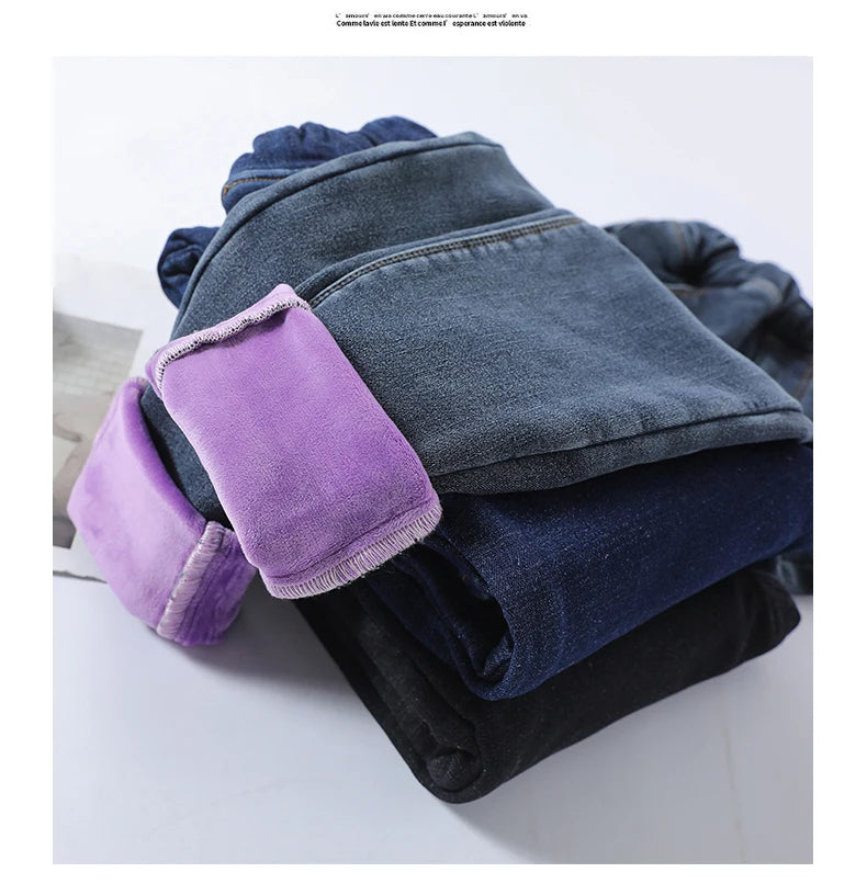 Women's Winter Jeans Fleece Warm Slim Pencil Trousers Elastic Waist Thicken Velvet Comfortable Mom Denim Pants Female