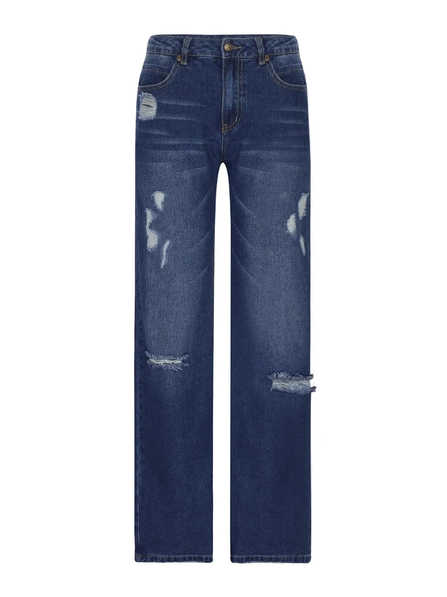 Women Men Denim Pants Casual Ripped Loose Straight Leg Jeans Trousers Trendy Bottoms for Streetwear