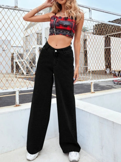 New in Jeans Women Straight Pants Washing High Waist Loose Pockets Basics Ankle Length Blue Denim Pants Streetwear Slight Strech