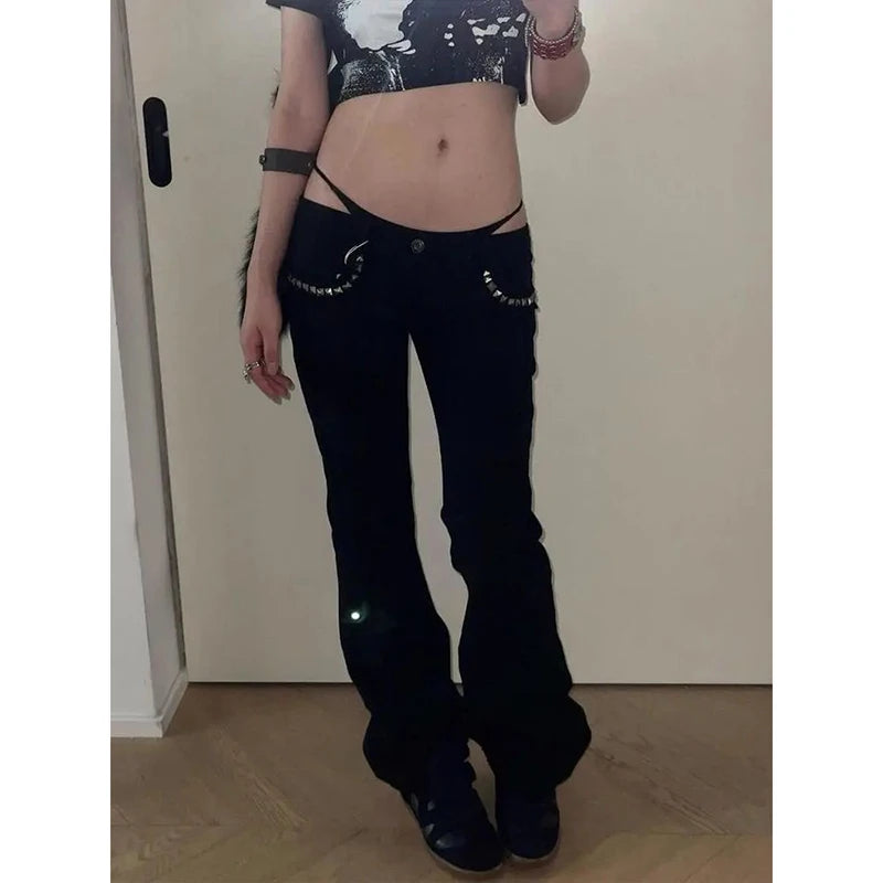Women Vintage Black Low Rise Flared Jeans Denim Pants American Retro Rivet Slim 90s Bell Bottom Y2k Harajuku Kpop Trousers