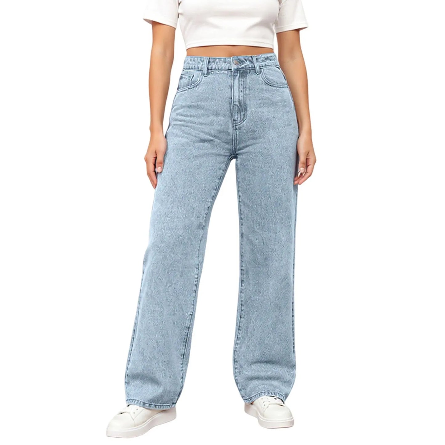 Women'S Straight Jeans Solid Color Distressed High Waist Design Retro Trousers American Hot Girl Style Pants Daily Street Wear