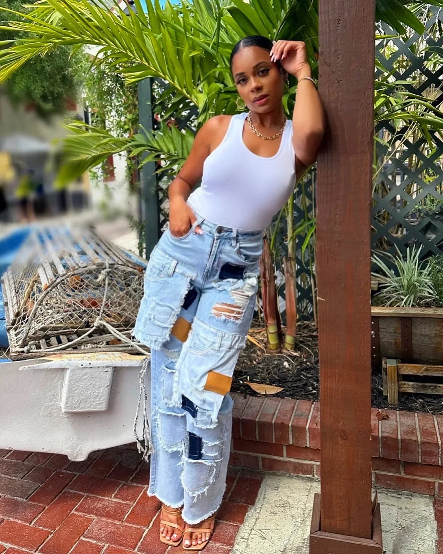 Women Streetwear Cargo Straight Denim Pocket Patchwork Wide Leg Jeans Pants Fall Fashion Ripped Out Party Trousers