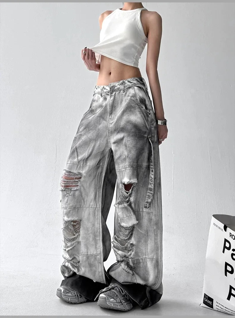 Women Tie Dye Ripped Jeans Woman Abandoned Soil Style Wide Leg Pants Summer Loose Workwear Denim Retro Vintage Trousers