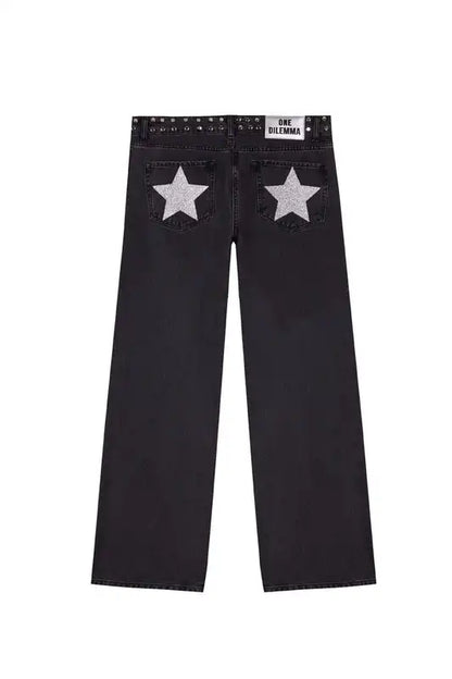 Gothic Womens ONE DILEMMA Jeans Y2K Clothes Hip Hop Five Pointed Star Sequin Rivet Fashion Casual Baggy Jeans Straight Trousers