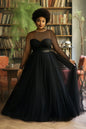 Women's Plus Size Mesh Evening Dress Long Sleeve See Through High Waist Pleated A-Line Elegant Wedding Guest Black Maxi Dresses