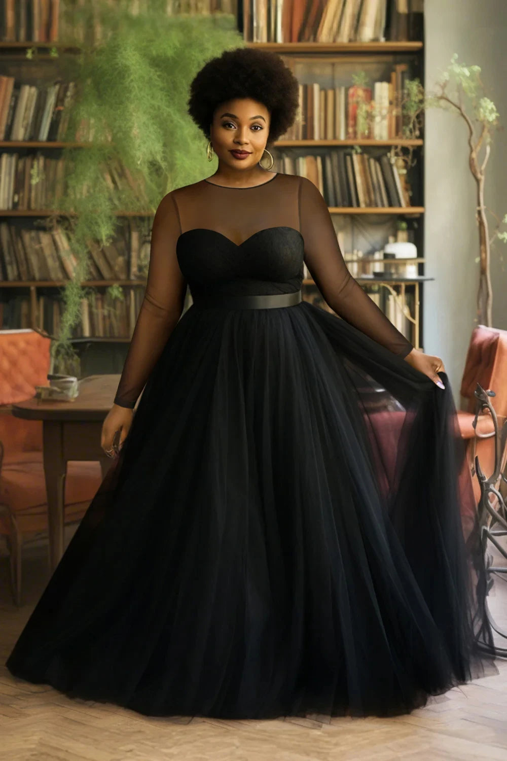 Women's Plus Size Mesh Evening Dress Long Sleeve See Through High Waist Pleated A-Line Elegant Wedding Guest Black Maxi Dresses