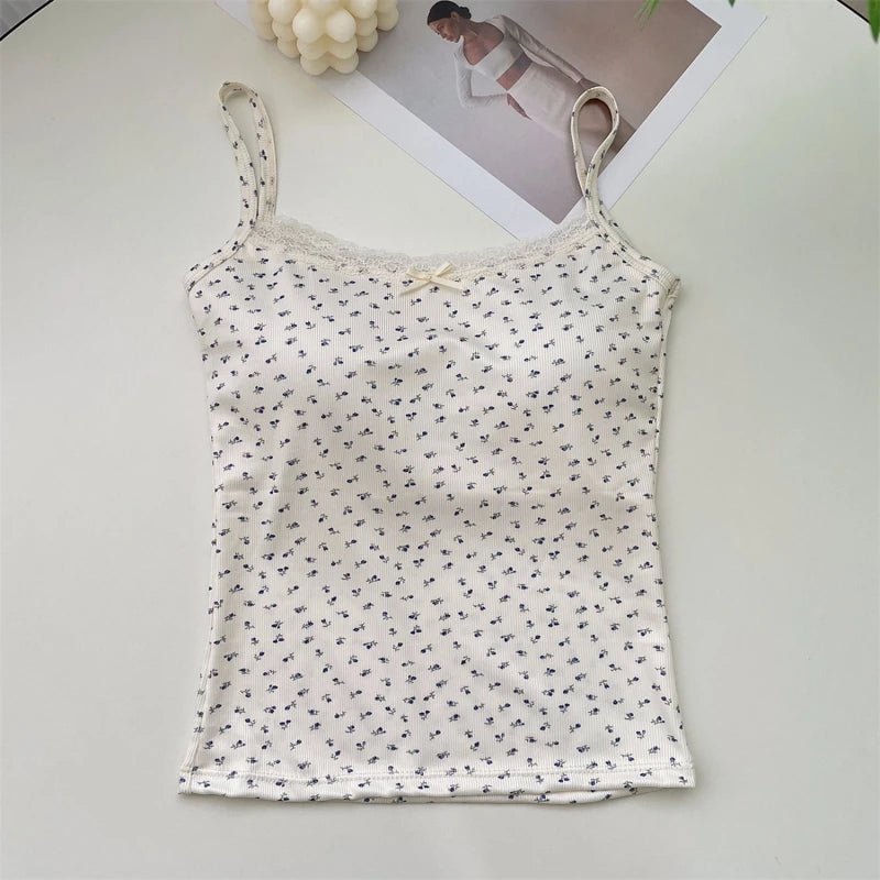Women Floral Bow Knot Tops Summer Casual Sleeveless Ice Silk Bra Tops With Pad Sweet Lace Vest With Chest Cushion T Shirts 2024