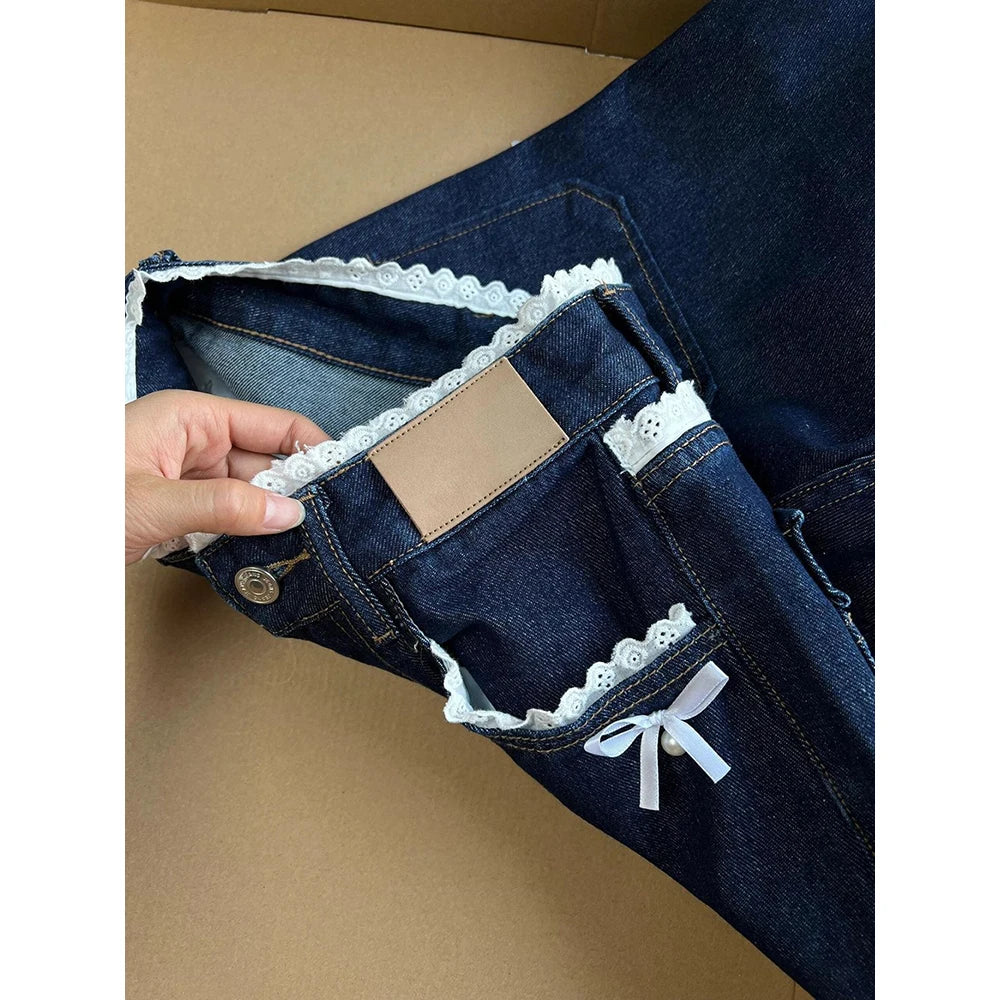 Retro Dark Blue Denim Pants for Women Spring Autumn Sweet Lace Bow Jeans Female American Style Straight Loose Wide Leg Pants