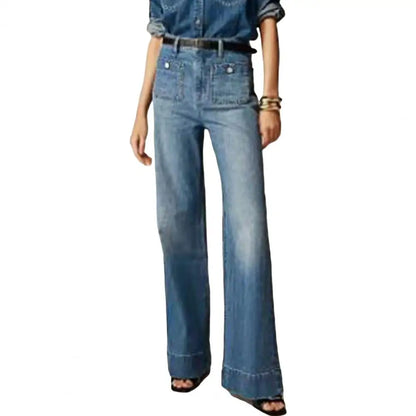 2025 Women Winter Jeans High Waist Button Zipper Loose Fit Pockets Straight Wide Leg Streetwear Pants Daily Wear Long Trousers