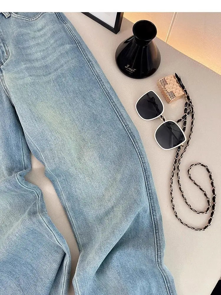 Letter Embroidered Straight-leg Jeans Women's Spring New High-waisted and Thin Loose Light Blue Straight-leg Pants