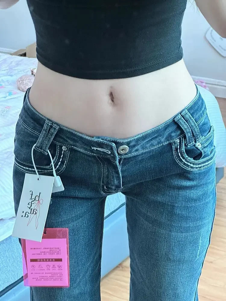 2025 Vintage High Street Low-Waisted Jeans Women Summer All-Match Wide Leg Y2K Denim Trousers Female Sexy Slim Fit Flares Pants