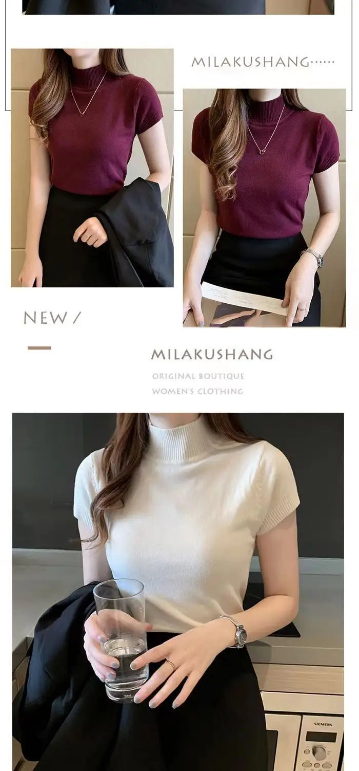 Womens Tops And Blouses Summer Short Sleeve Blouse Women Blusas Mujer De Moda 2023 Turtleneck Knitted Blouse Shirt Tops