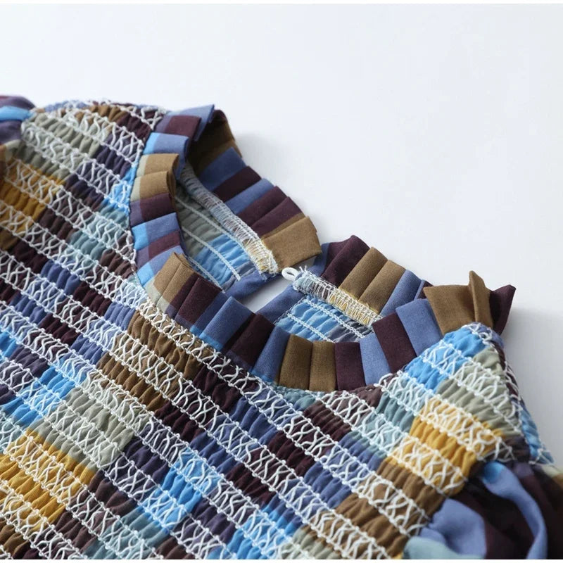 Women's Tops Vintage Plaids Elastic Pleated T Shirt Casual O Neck Long Sleeves Ruffles Hem Top Spring Chic Lady High Street Wear