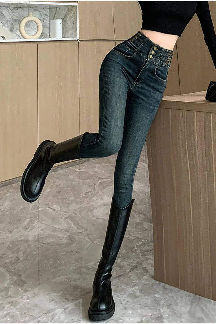 winter warm thick fleece woman's jeans with high waist jeans woman mom jeans women's jeans for women jean femme clothe black