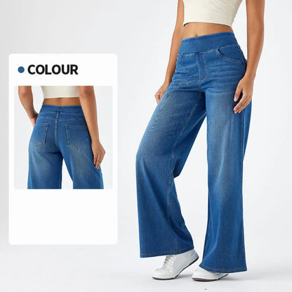 Women Jeans With Pockets Elastic High Waist Solid Color Full Length Pants Straight Wide Leg Trousers Sweatpant Daily Commuting