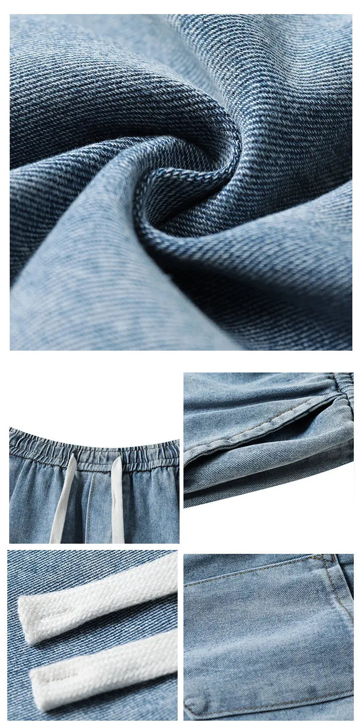 2025 New Elastic Waist Drawstring Solid Color Loose Fit Wide Leg Jeans Wide Leg Trendy High Waist Denim Pants for Men Women 3XL